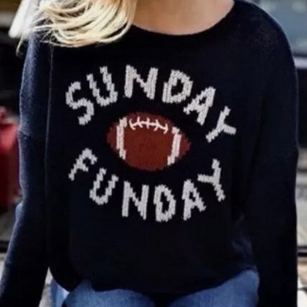 Wooden Ships Sunday Funday Football Navy Blue Pullover Knit Sweater
